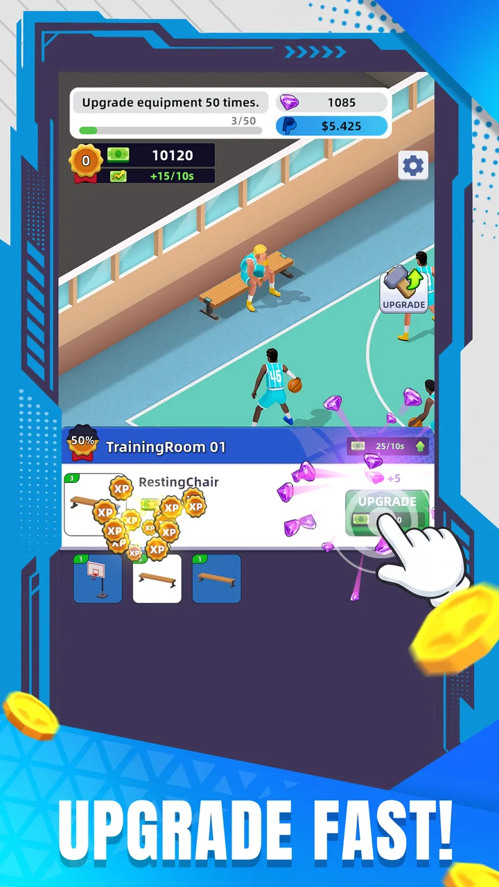 Training room with equipment upgrades and XP boosters