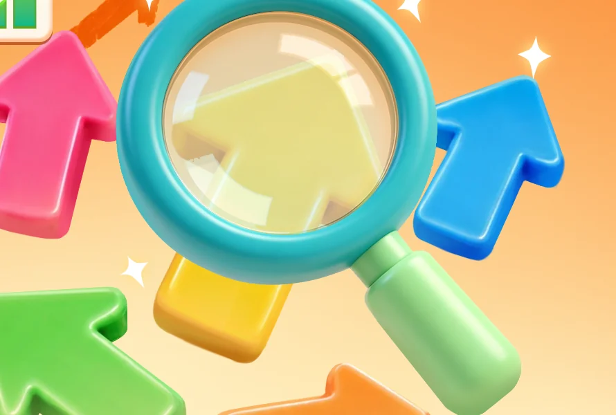 Colorful 3D arrows beneath a magnifying glass