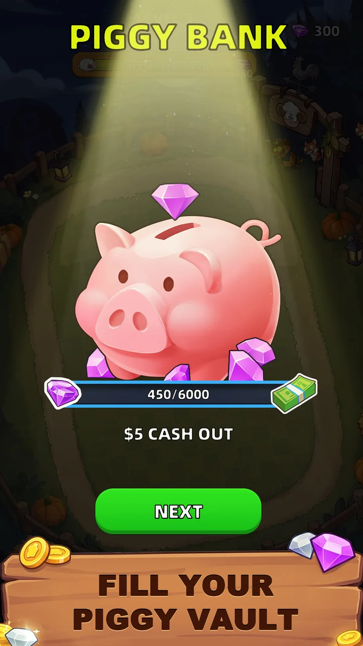Piggy Bank vault screen showing gems collected and reward-claim option