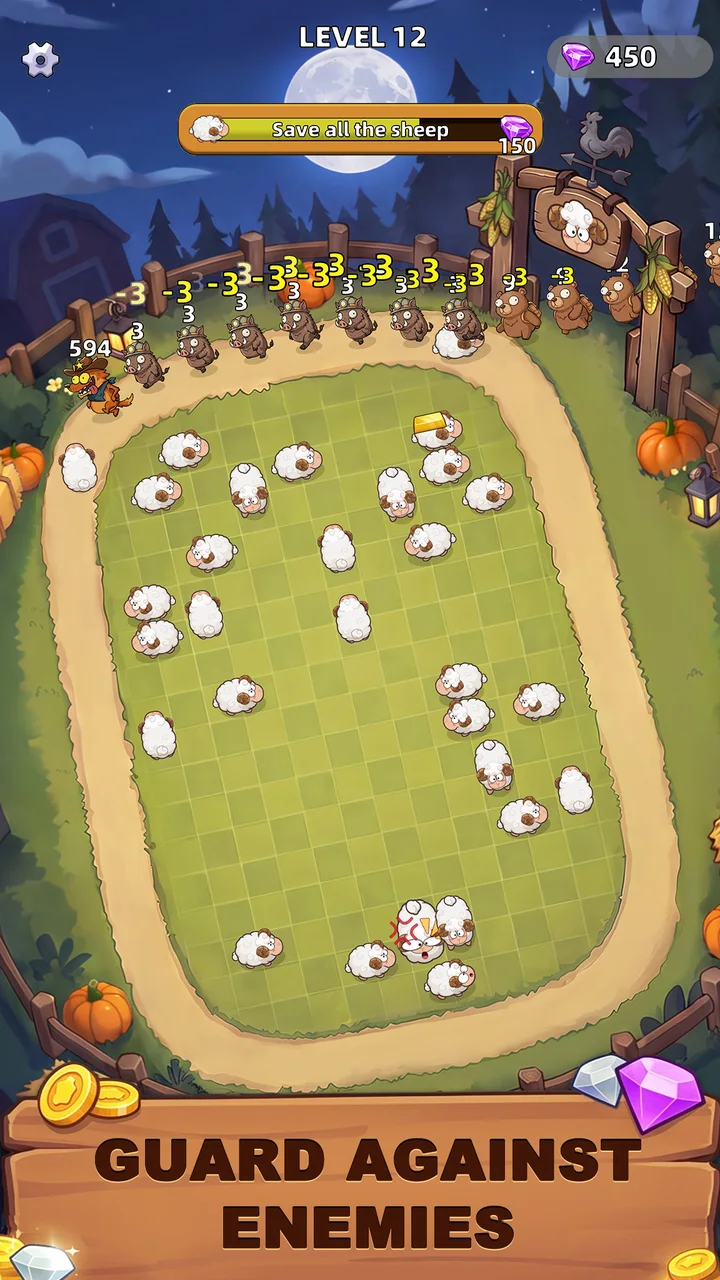 Level 12: a massive wolf army surrounding the pasture