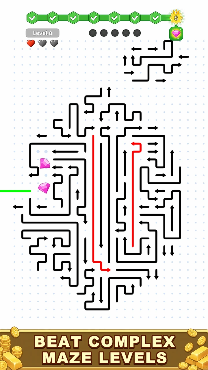 Snap Darts level screen: arrow canvas, task window, and hearts
