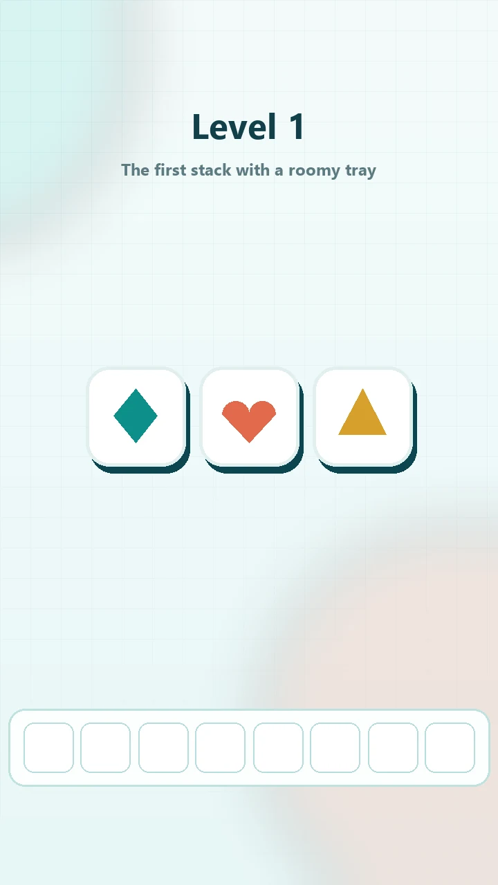 Trio Tiles Match level screen: the tile stack and the slot tray